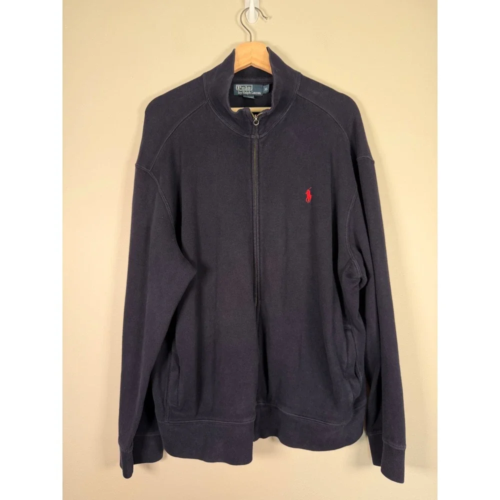 Polo Ralph Lauren Mens XL Navy Blue Full Zip Cotton Knit Mock Neck Sweater Pony